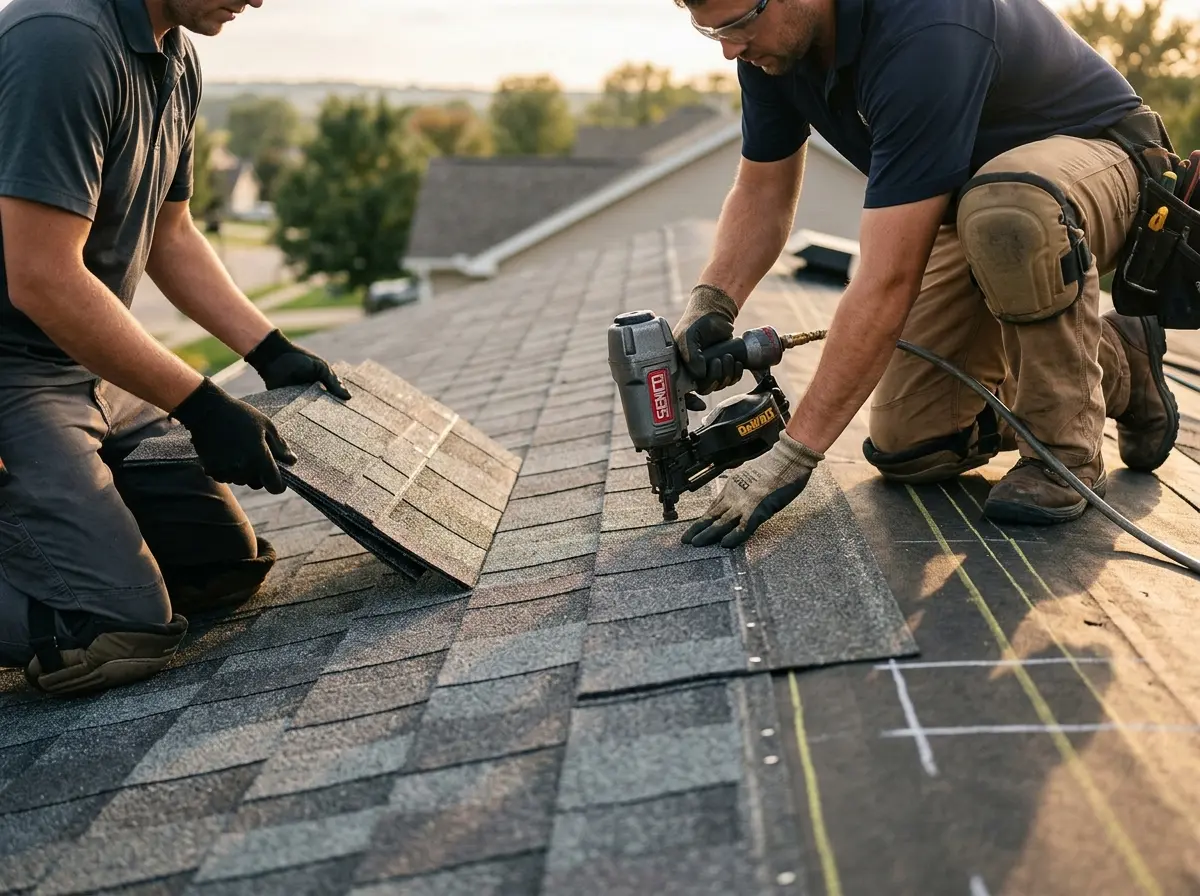 Professional roofer working on a residential roof in Edmonds